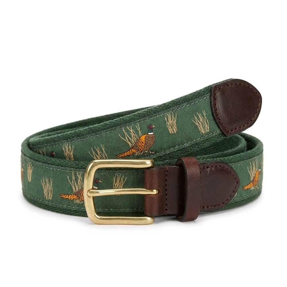 Vineyard Vines Mens Pheasant Embroidered Canvas Leather Belt Green Navy Size 40